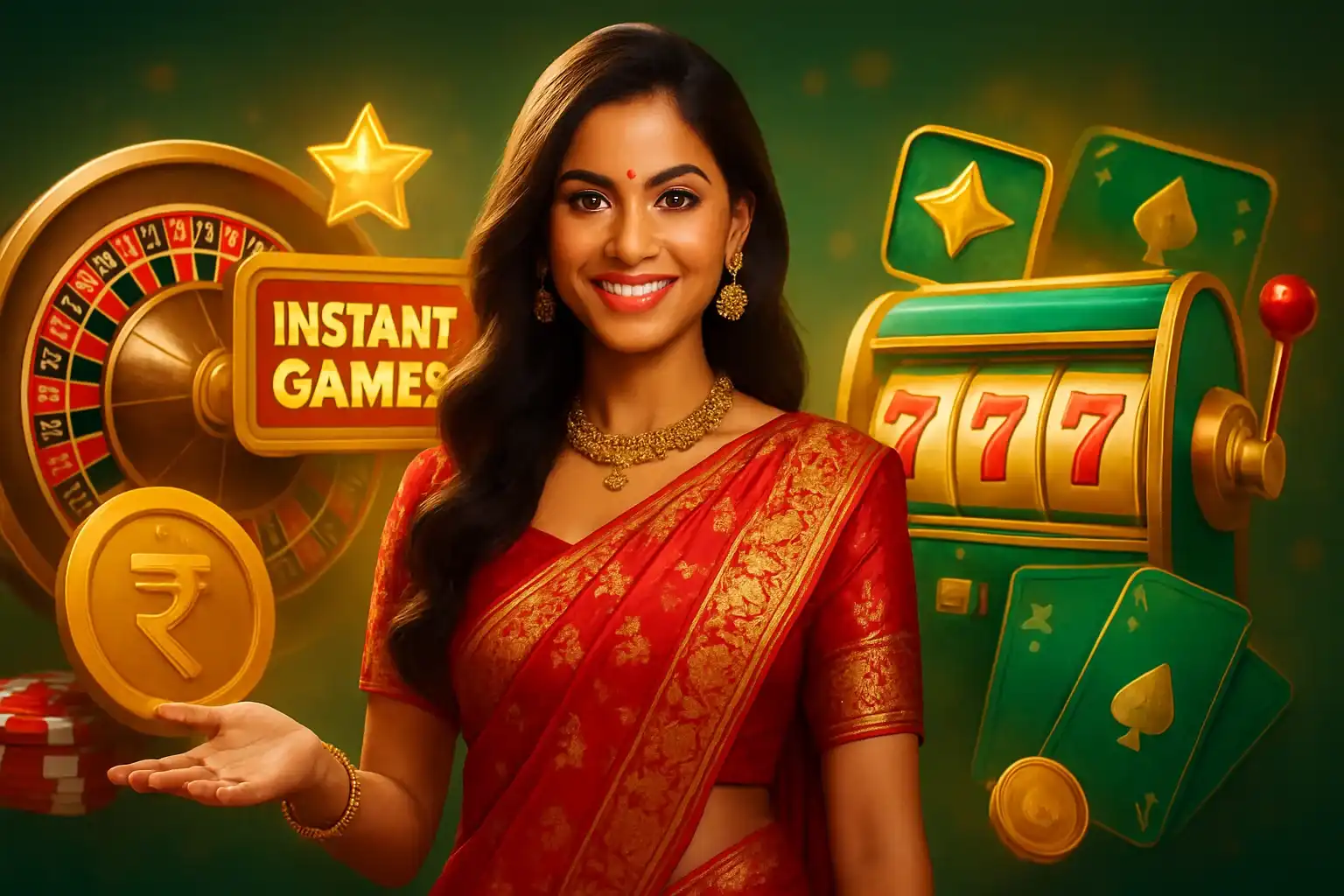 Beautiful Indian woman in red and gold outfit with casino games background