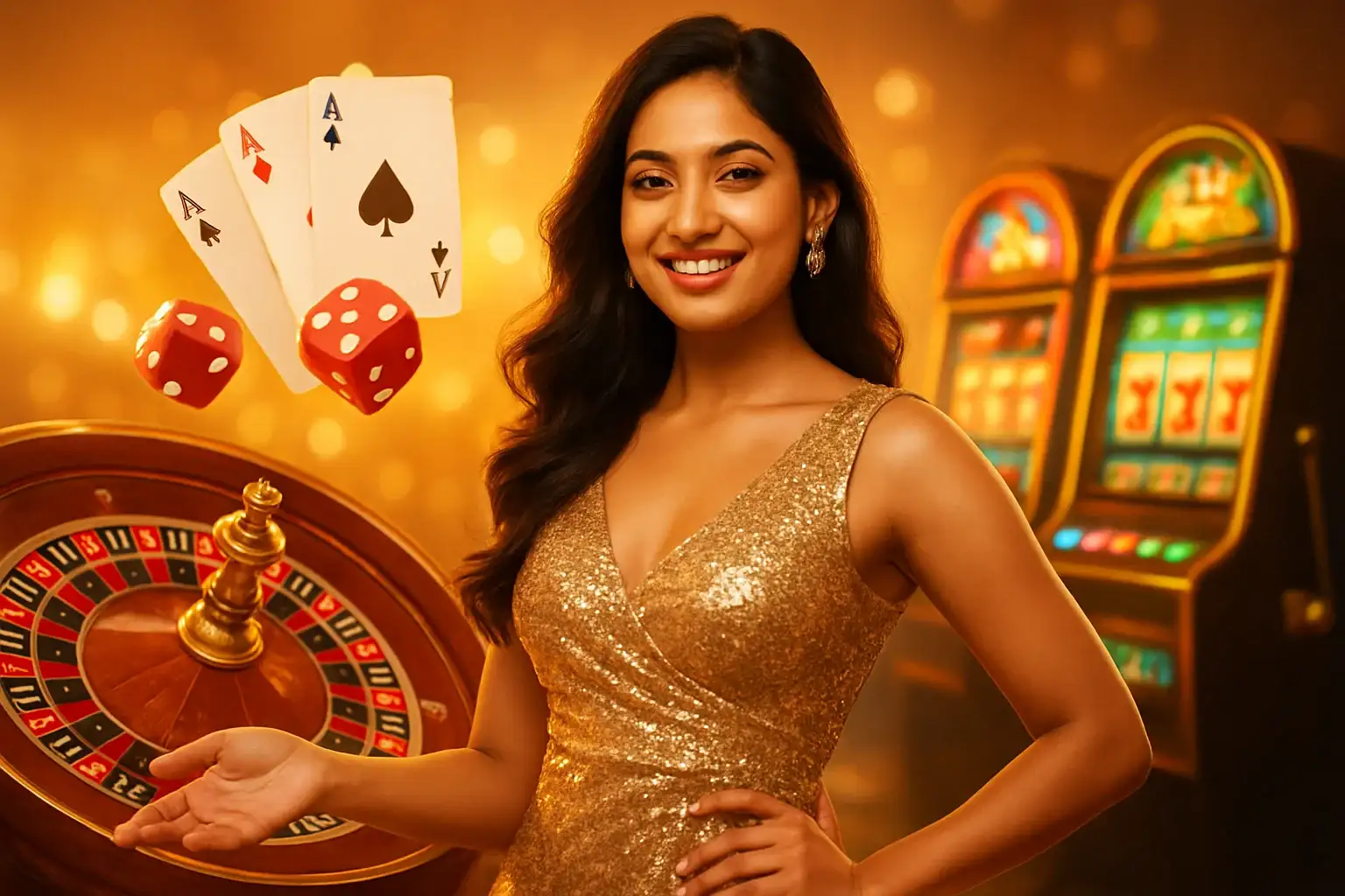 Hyperrealistic Indian woman in glamorous outfit with casino elements background